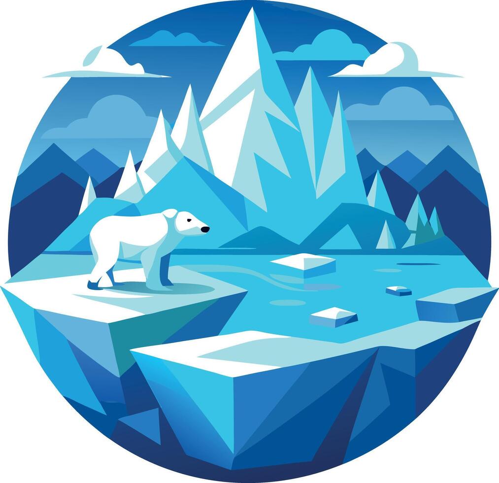A polar bear stands on a rocky ledge overlooking a body of water vector