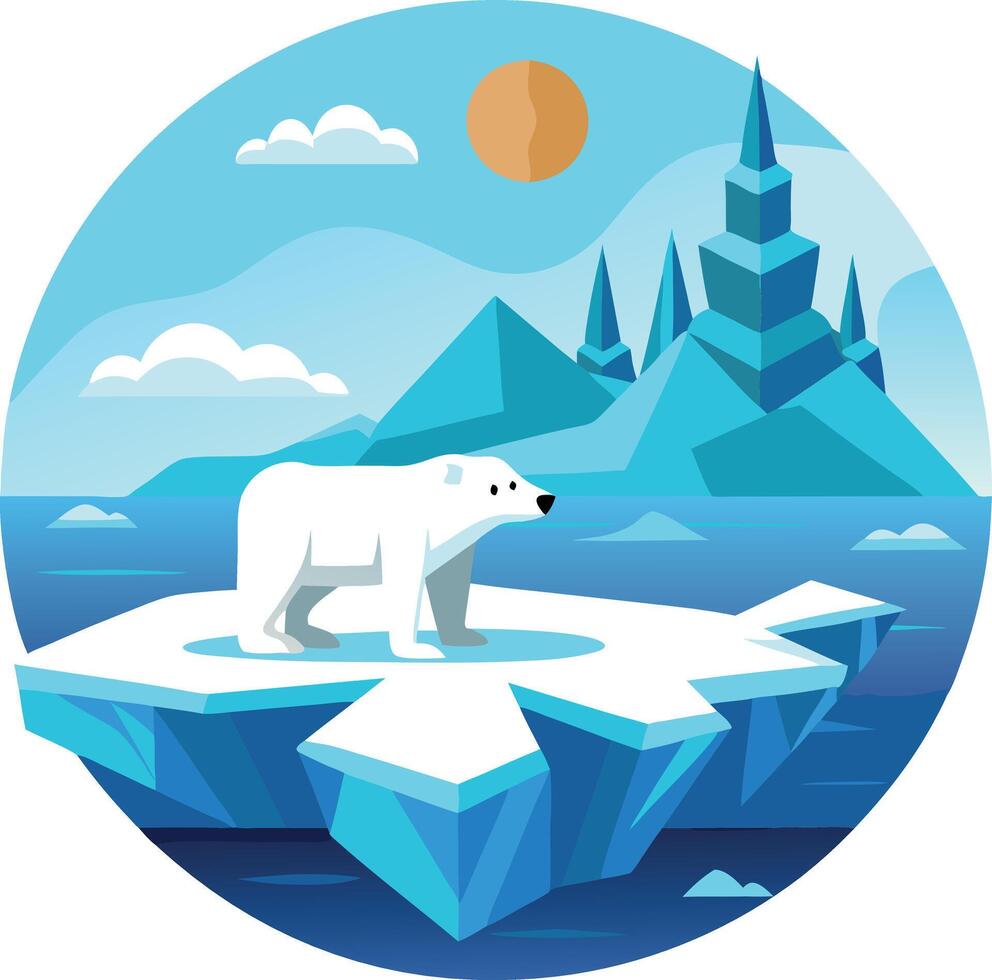 A polar bear stands on a piece of ice in front of a mountain vector