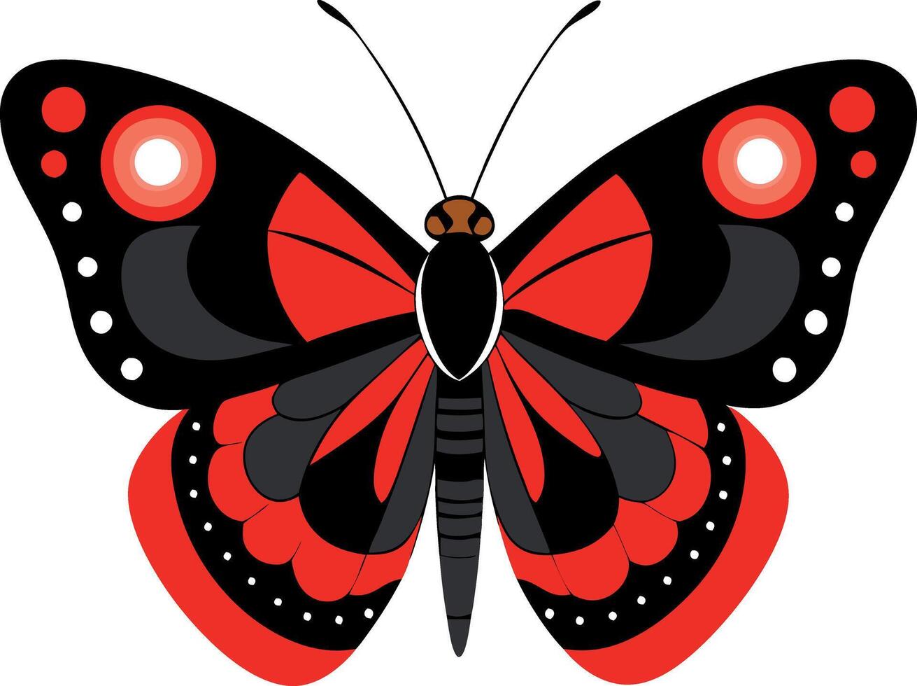A red and black butterfly with white dots on its wings vector