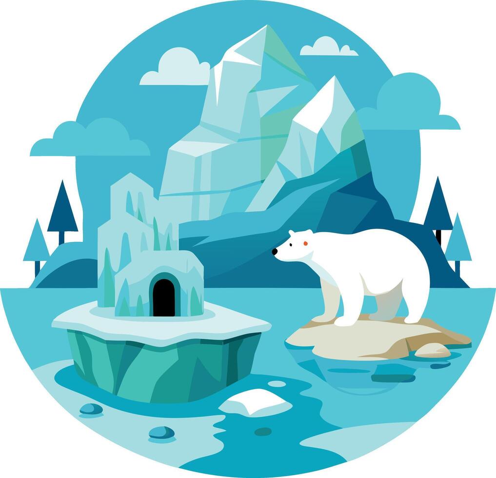 A polar bear stands on a rock in front of a mountain vector