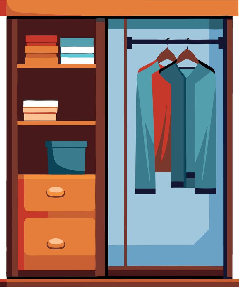 A wooden closet with a blue jacket hanging on the right side vector