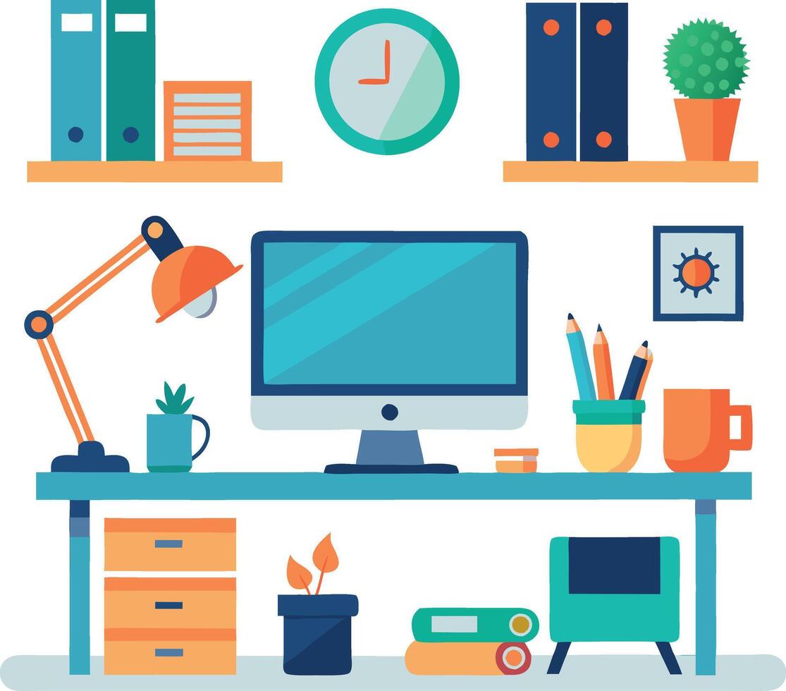 A desk with a computer monitor, a clock, a lamp, and a potted plant vector