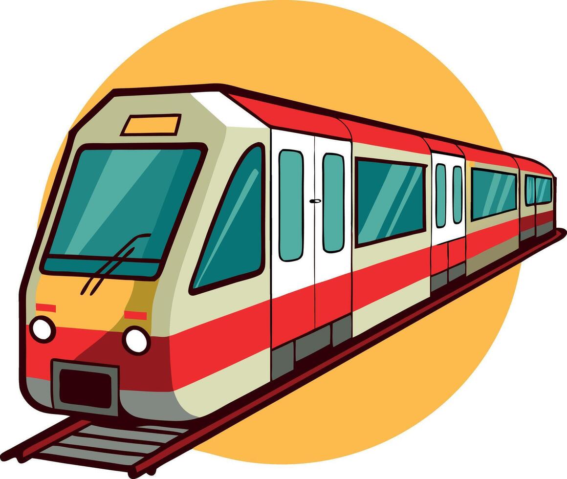 A red and white train is on the tracks vector