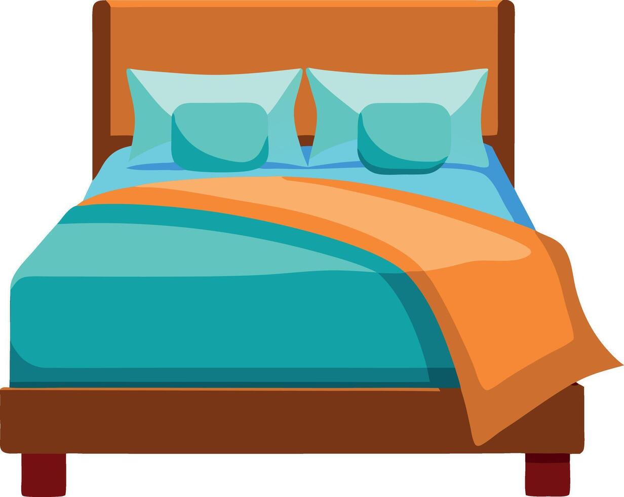 A bed with a blue comforter and orange blanket vector
