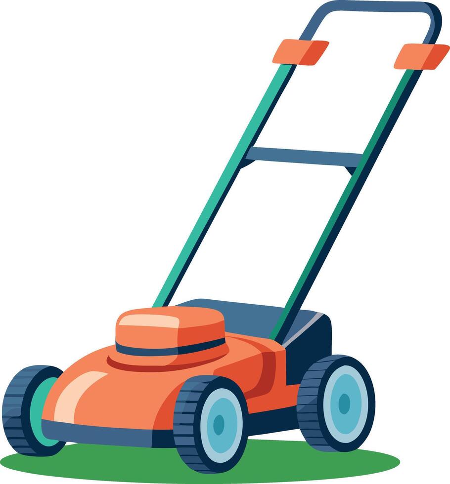A lawn mower with a green handle and orange body vector