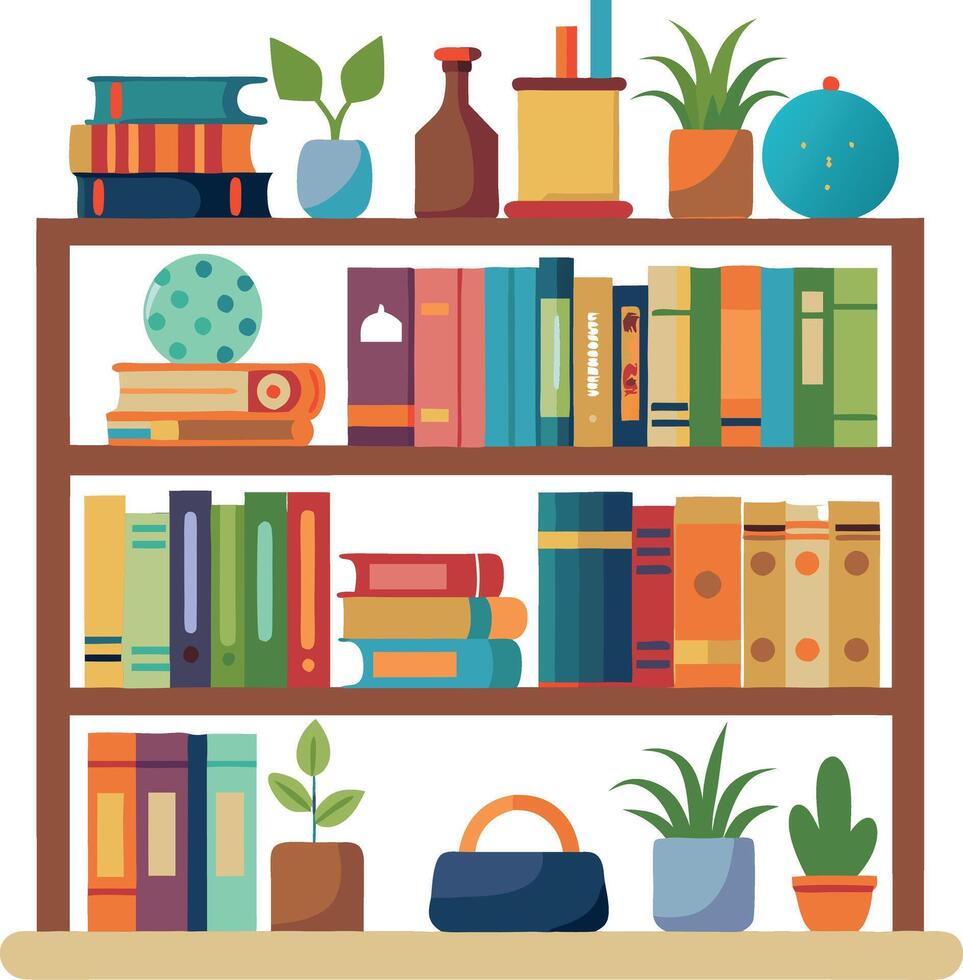 A colorful bookshelf with many books and plants vector