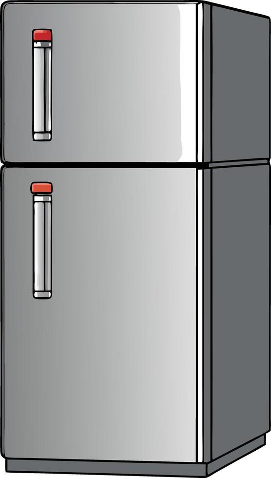 A silver refrigerator with red handles vector