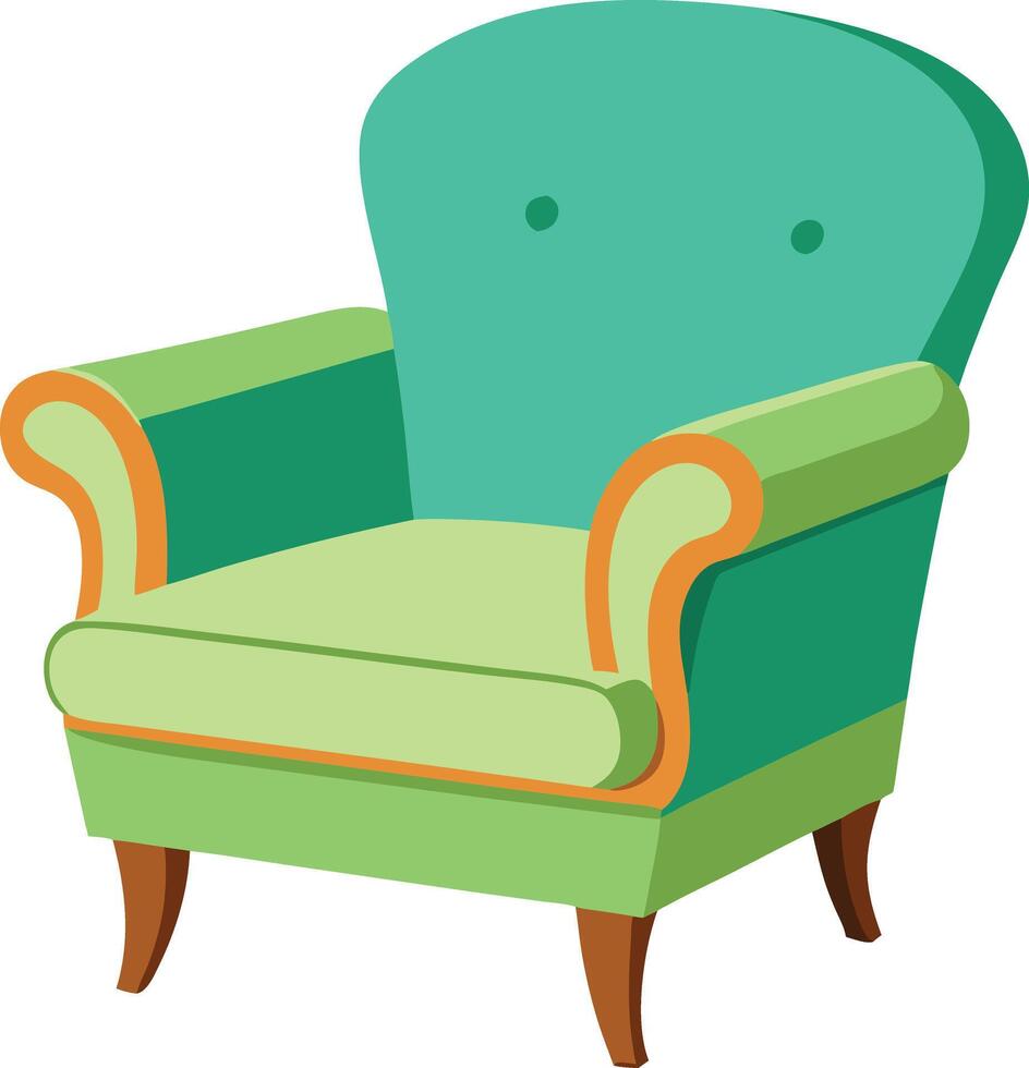 A green and yellow chair with a wooden frame vector