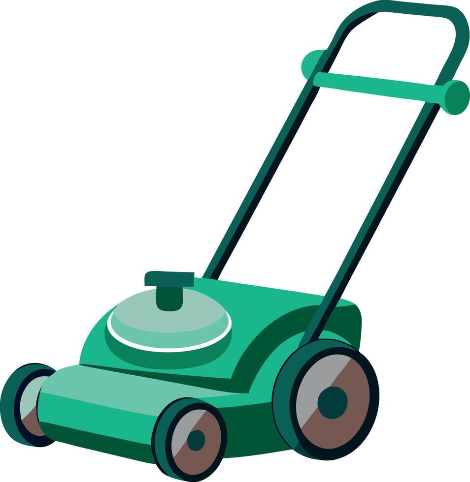 A green lawn mower with a green handle and a green engine vector