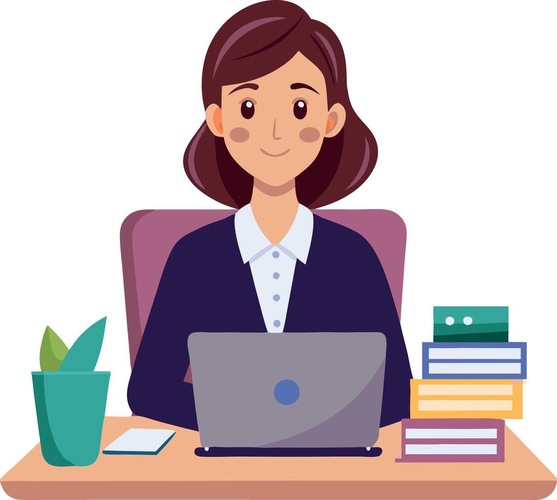 A woman is sitting at a desk with a laptop and a stack of books vector