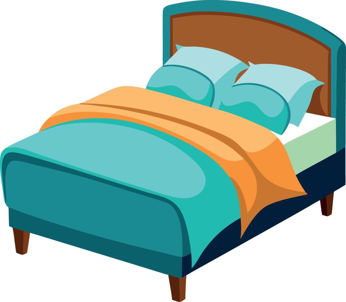 A cartoon bed with a blue comforter and orange blanket vector