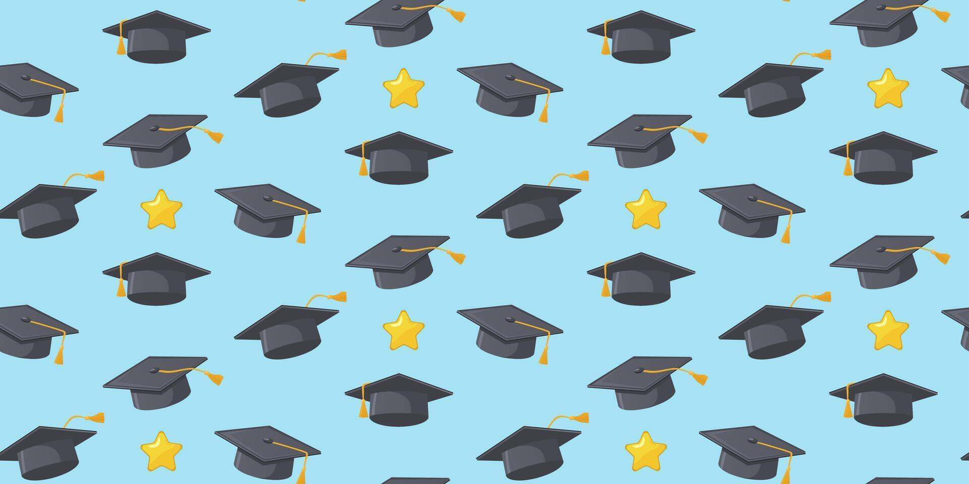 Graduation caps with stars background. A seamless pattern featuring black gray graduation caps with gold stars, symbolizing academic achievement and graduation. For educational and celebratory design vector