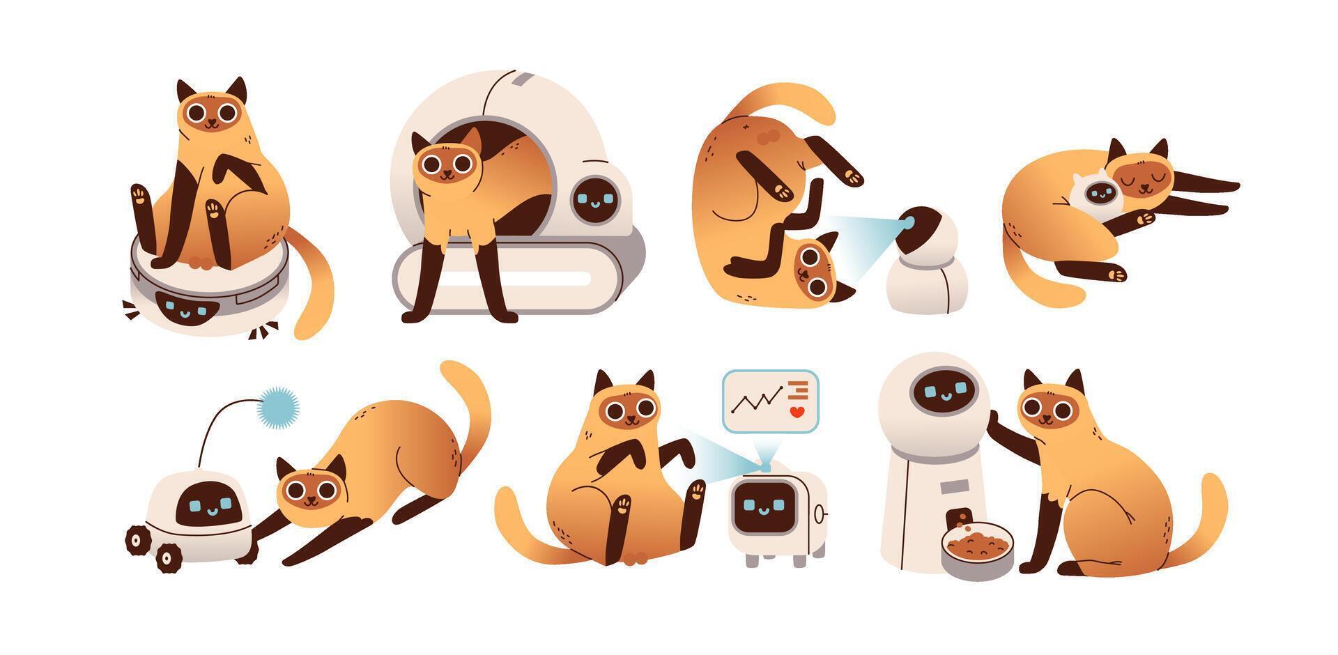 Electronic devices for pet. Interactive cat toys, pet gadgets, automated feeder and selfcleaning litter box. Flat illustration of cute cat and technology vector