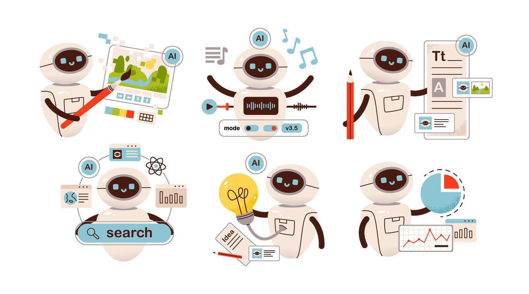 AI technology concept. Robots help in generating images, music, writing text, analytics and searching for information. Chat bot. Artificial intelligence generates. Flat illustration vector