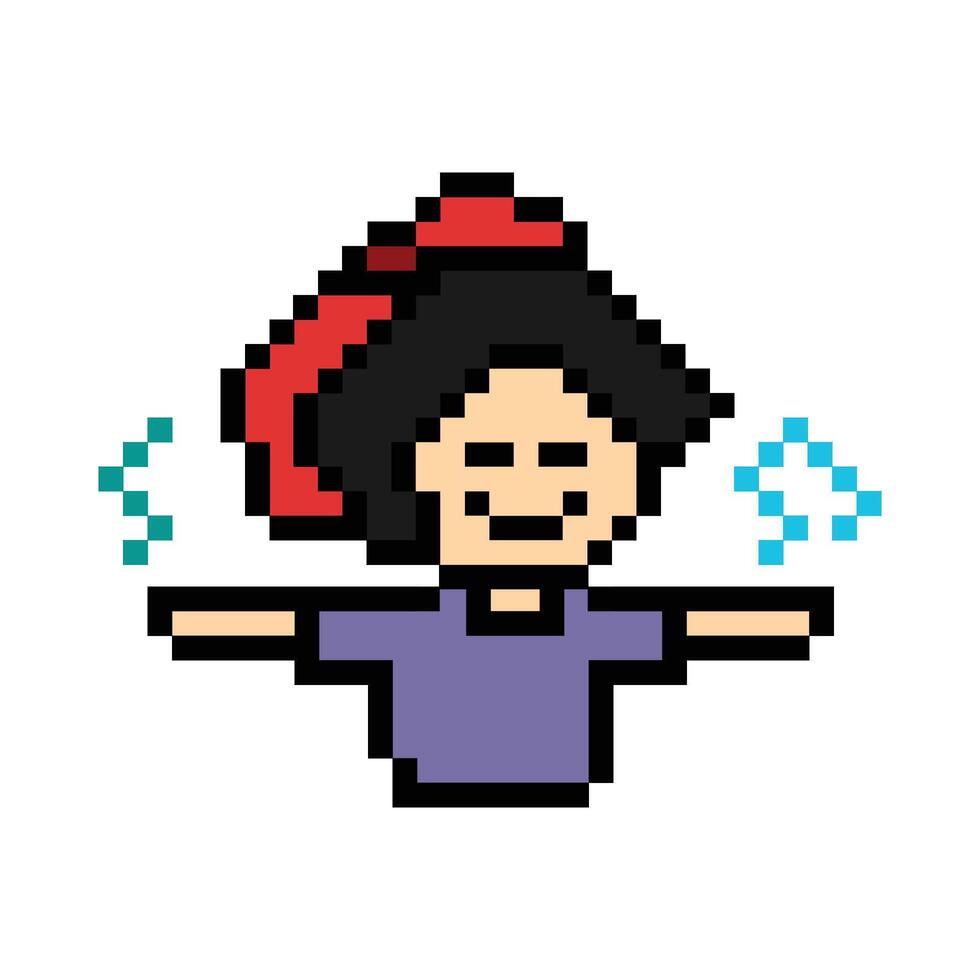 Happy woman girl dance or exercise 8 bit cute art pixel. vector