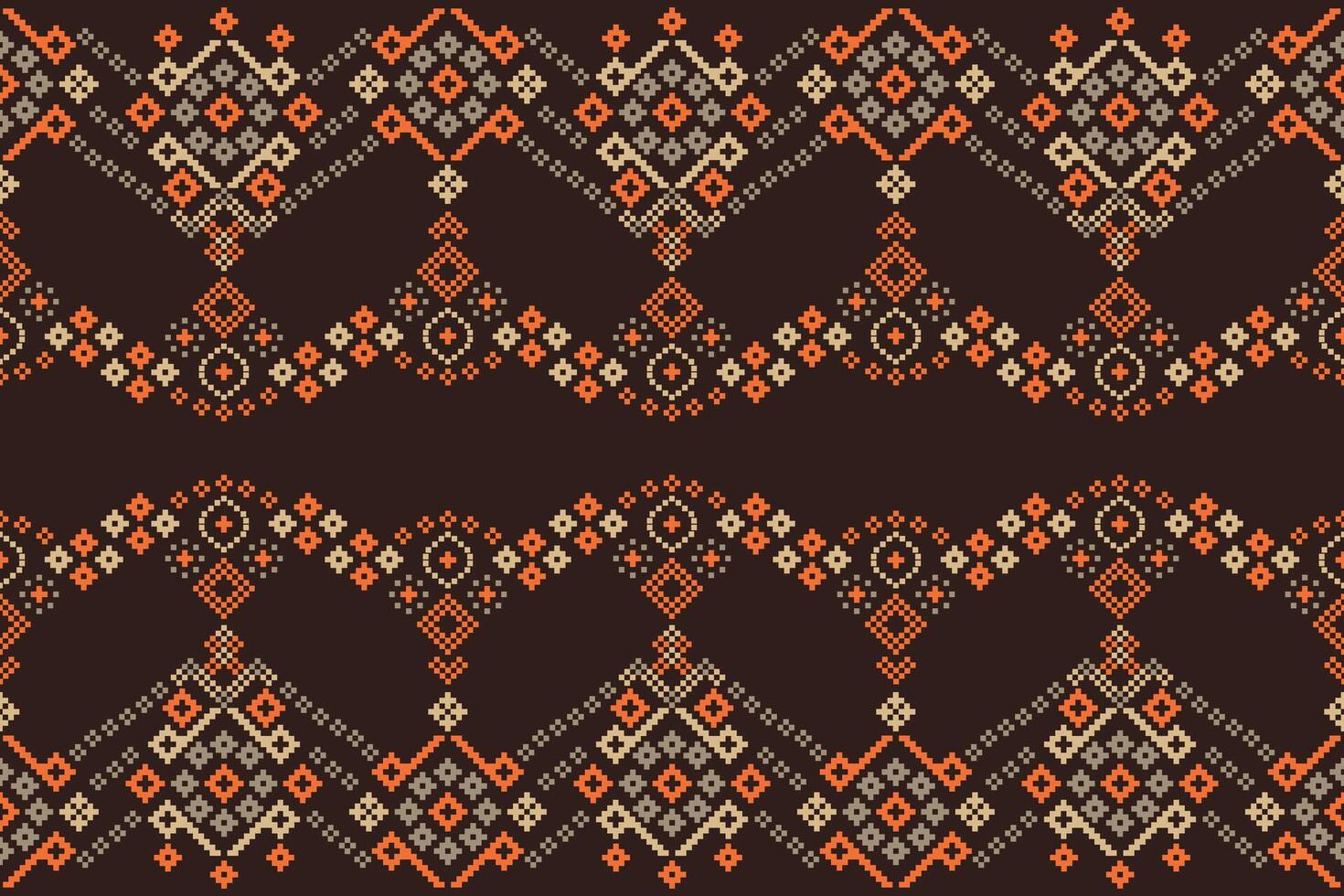 Fabric pattern pixel art ethnic fabric pattern brown background motif. vector