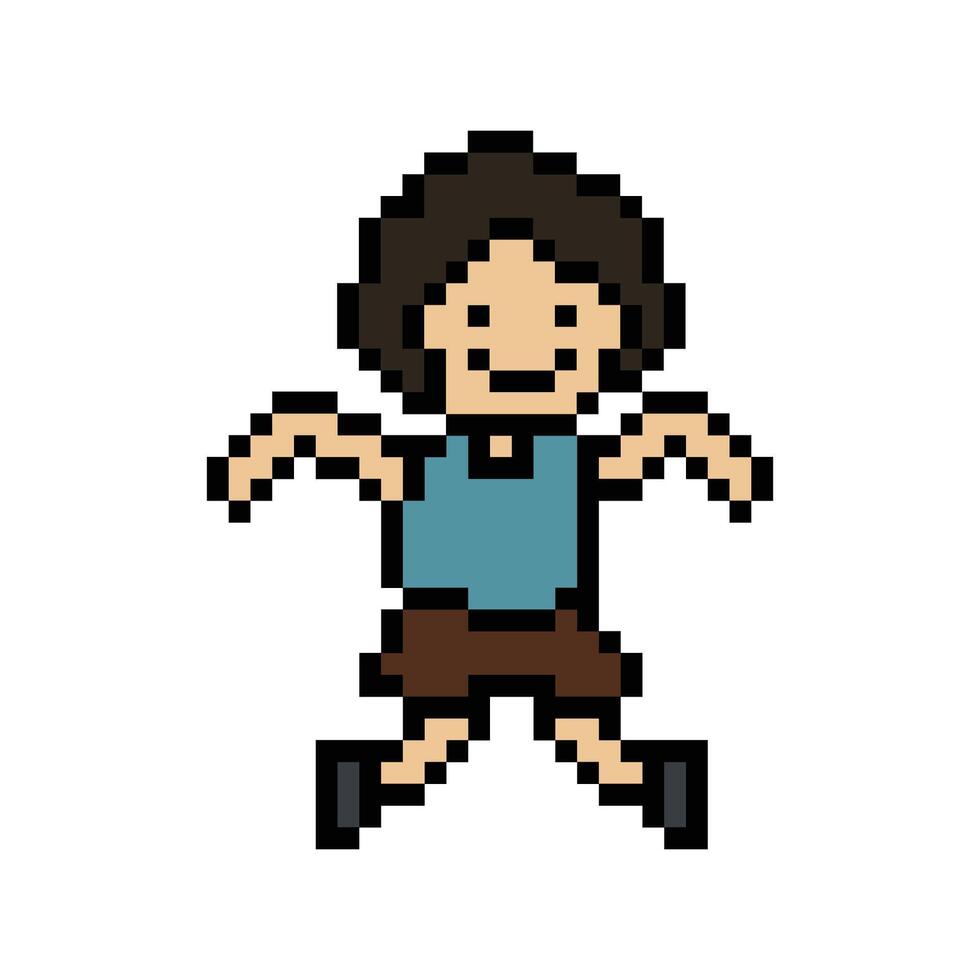 Cartoon happy man dance excercise happy 8 bit. vector