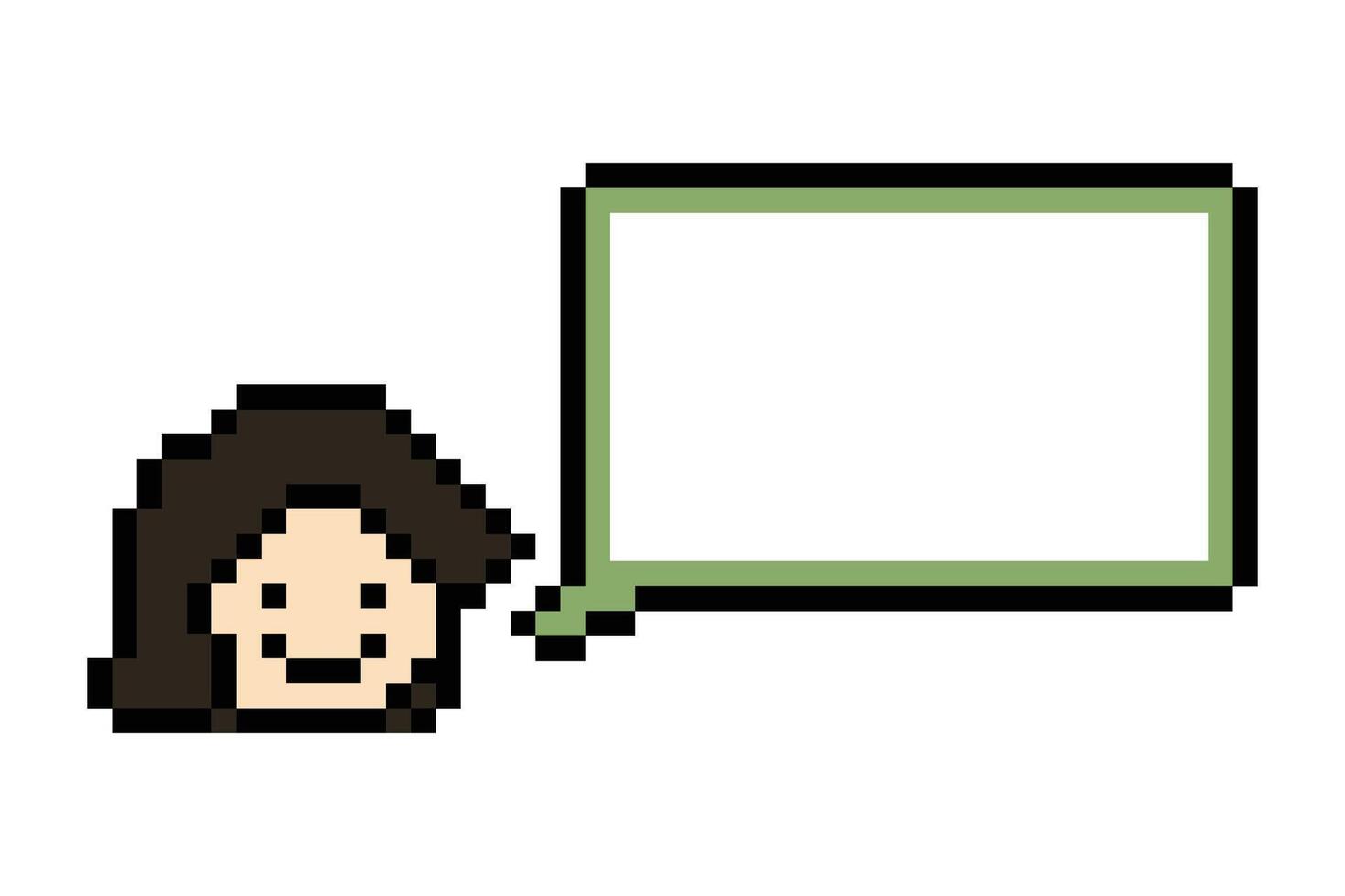 Pixel cute lady woman face with blank chat box talk speak art. vector