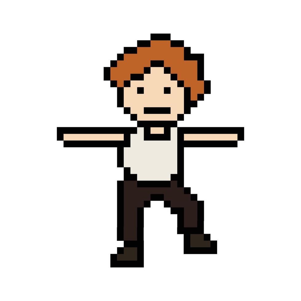 Cute pixel cartoon 8bit character man exercises training dance lifestyle. vector