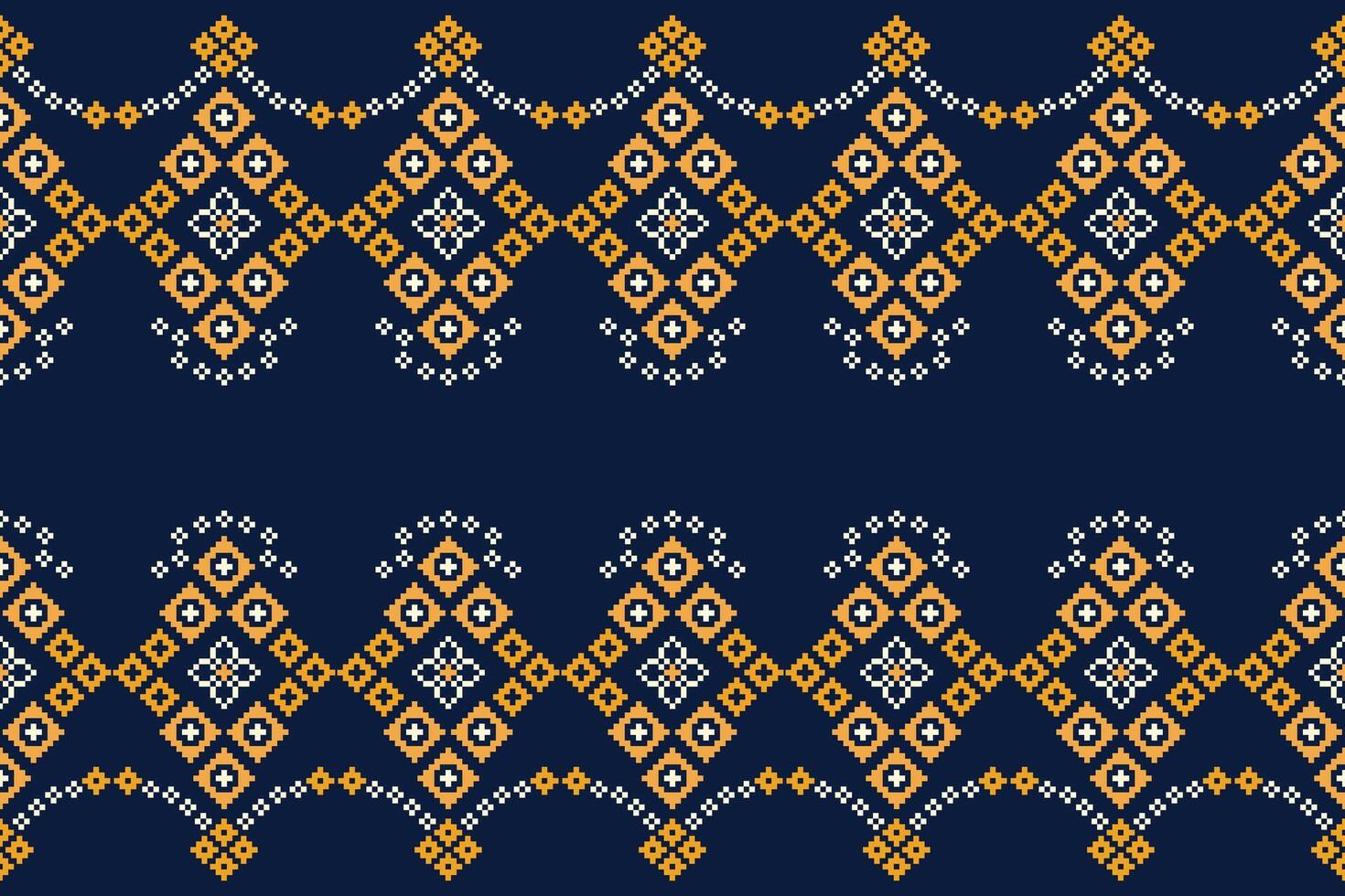 Cross stitch blue background motif pattern ethnic fabric. vector