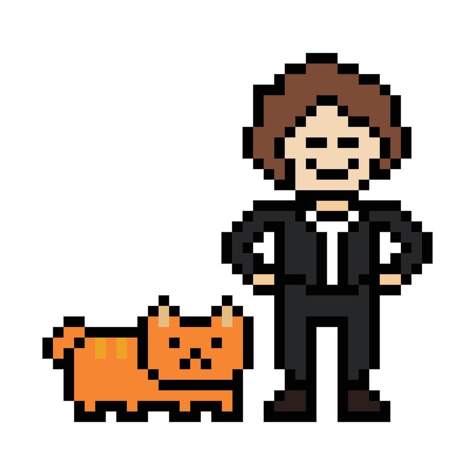 Man smile and his cat cartoon 8 bit happy art. vector