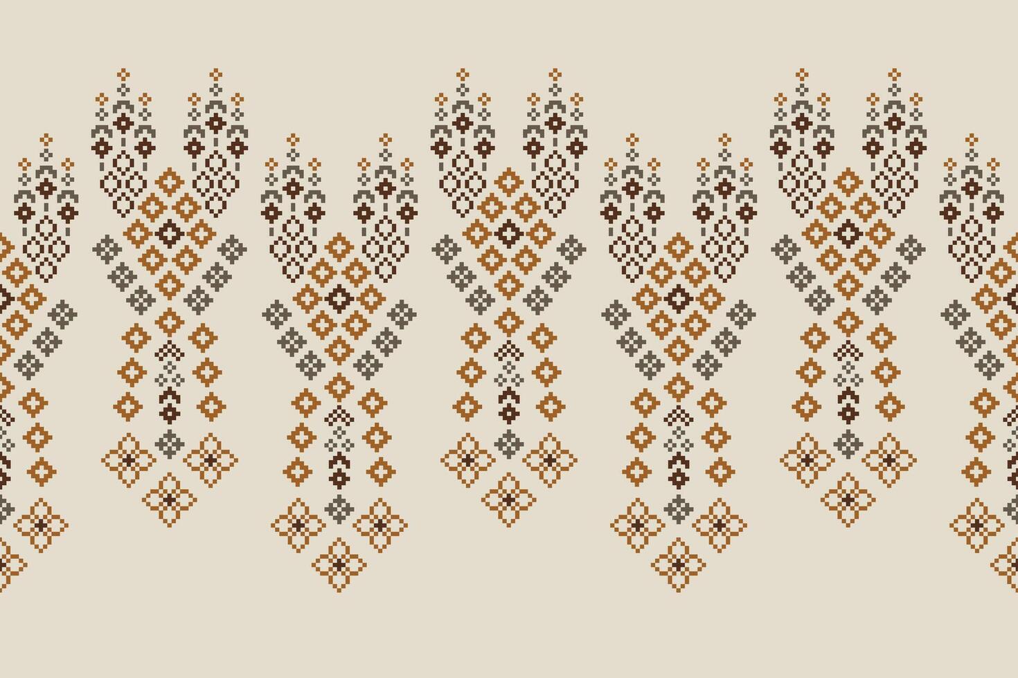 Ethnic motifs fabric pattern cross stitch cream color background. vector