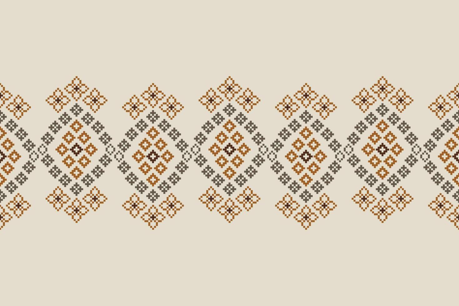 Ethnic motifs ikat geometric fabric pattern cross stitch.Ikat embroidery Ethnic oriental Pixel brown cream background. vector
