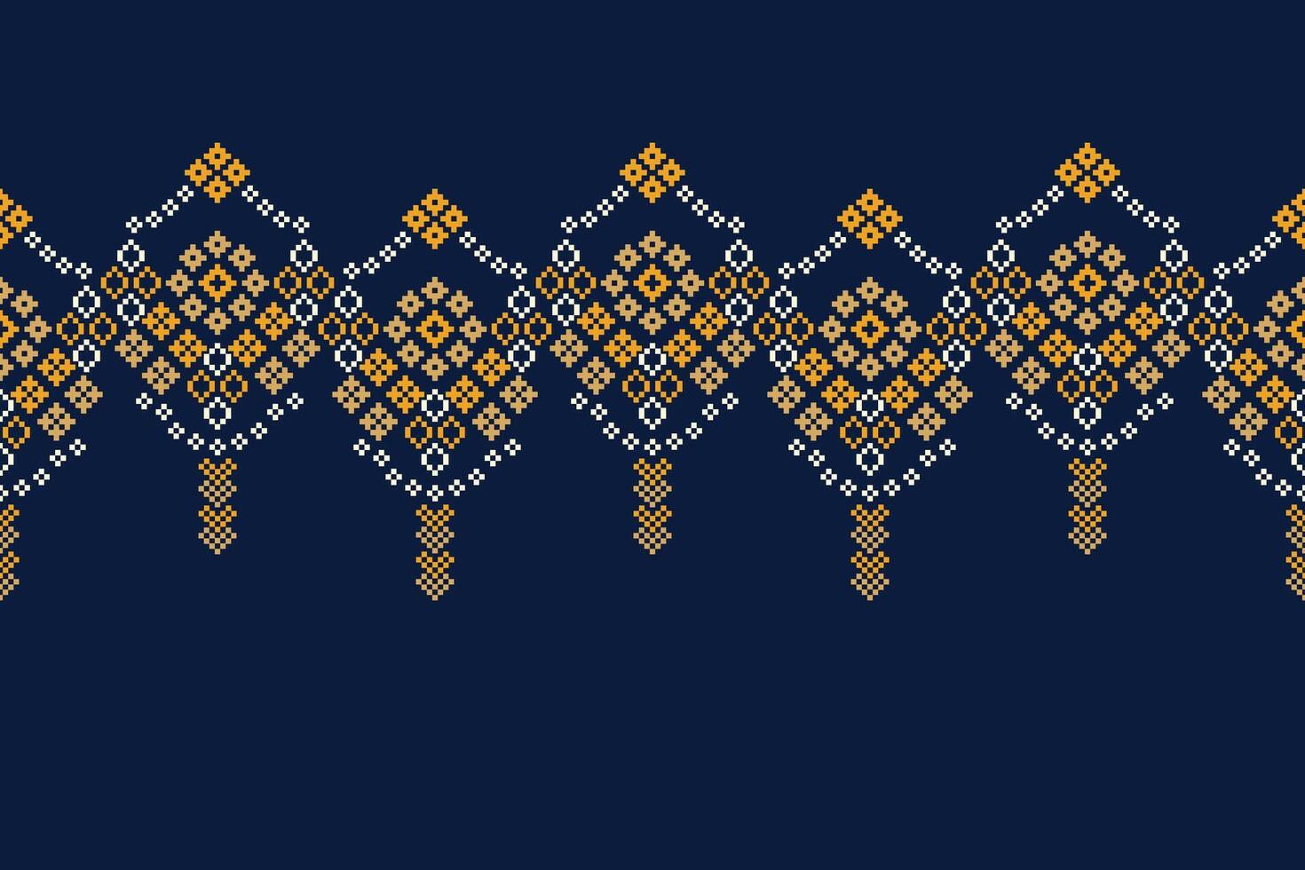 Pattern ethnic fabric cross stitch blue motif pattern background. vector