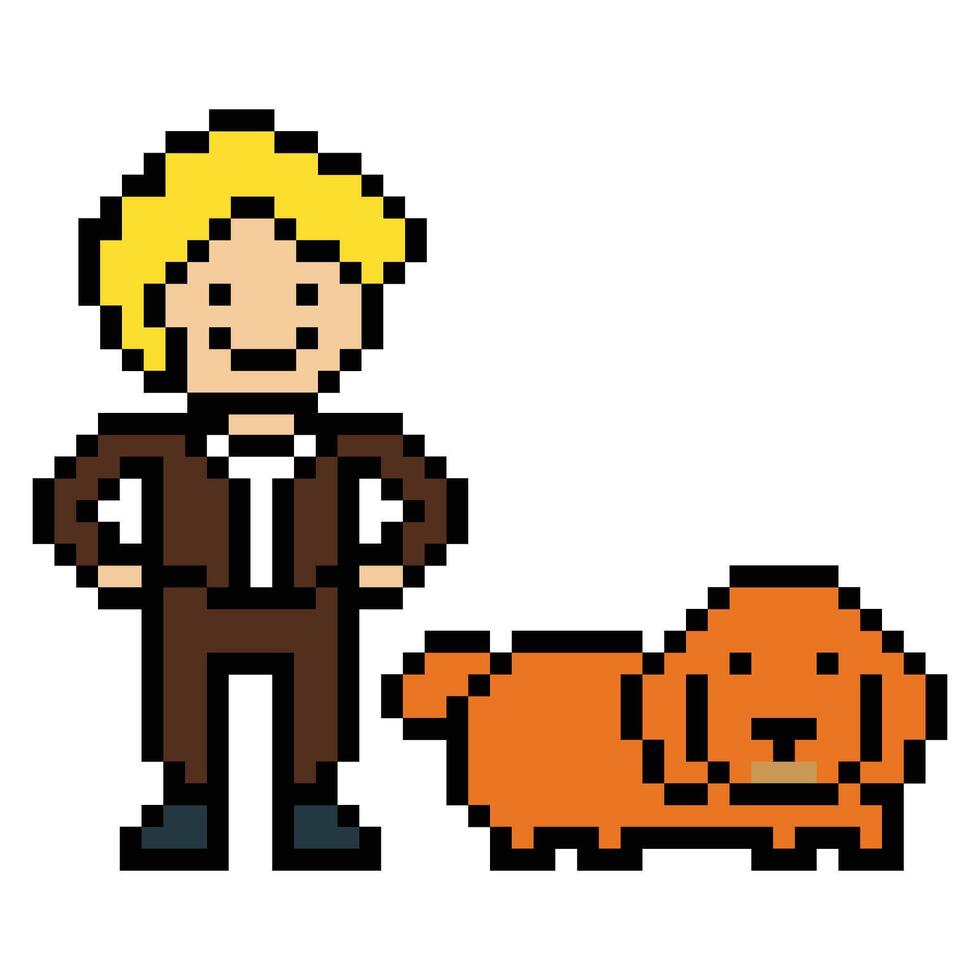 Cute dog and Man smile cartoon happy art pixel. vector
