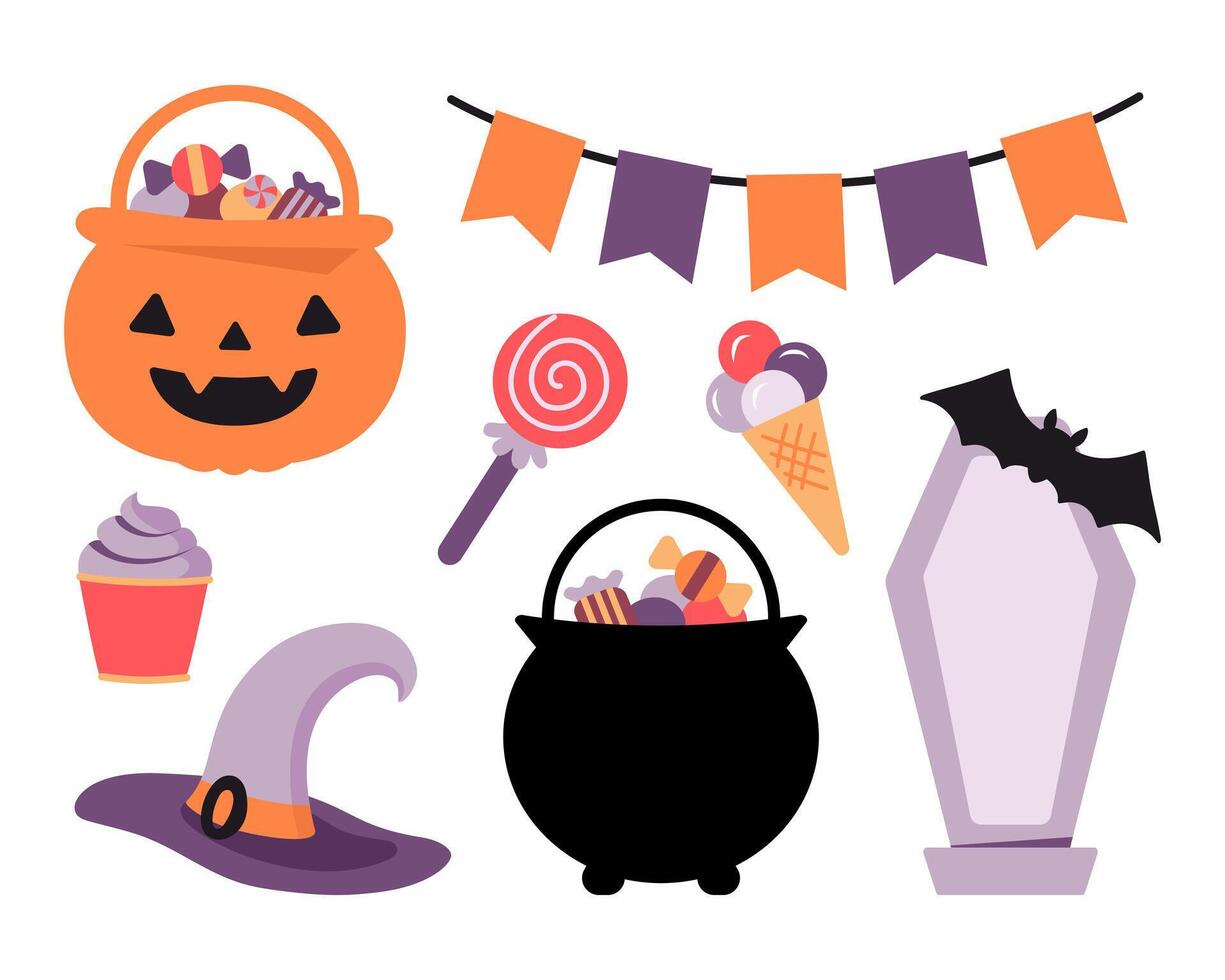 Halloween elements set for party. Cute cartoon pumpkin and cauldron basket with sweets. Garland, witch hat, grave with but. Isolated stickers on white. vector