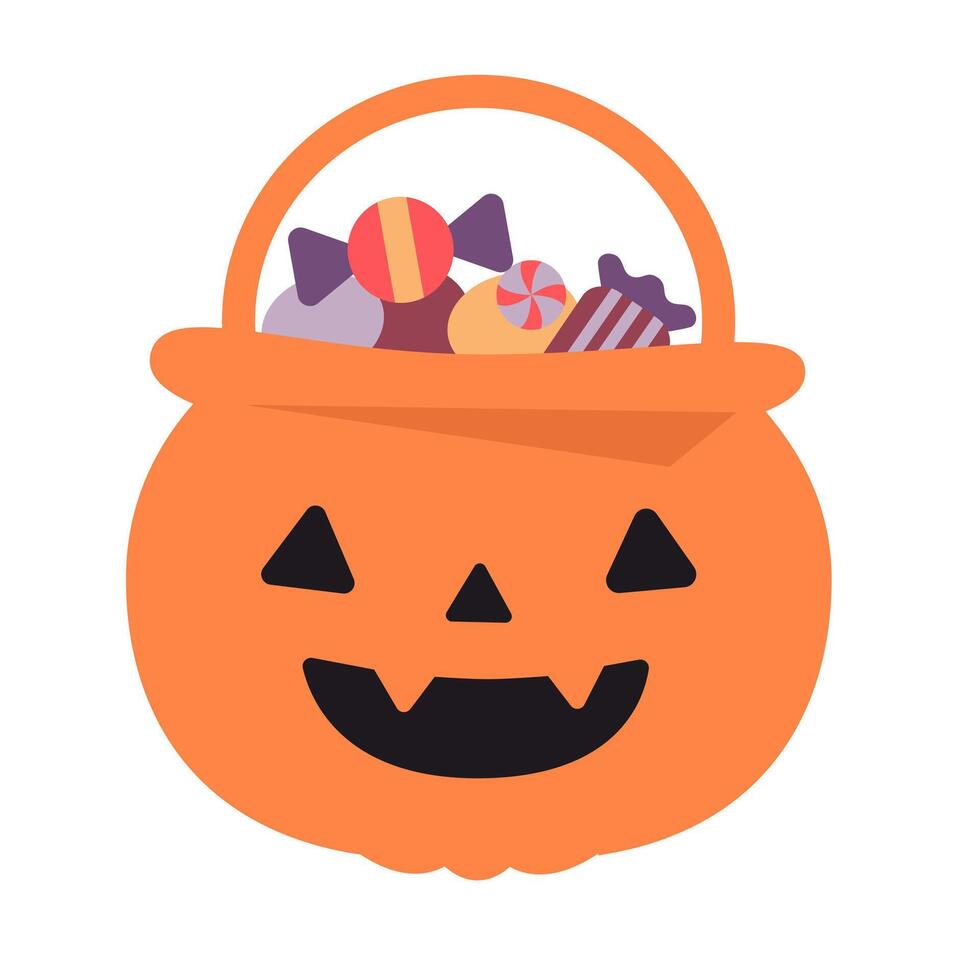 Halloween cartoon pumpkin basket with candies. Trick or treat bag with sweets cute illustration in flat style. Isolated on white background. vector