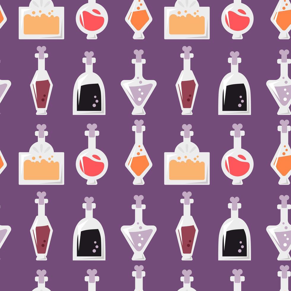 Seamless pattern with cute cartoon potions in bottles of different shapes. Halloween, witchcraft violet background for print, fabric, wrapping paper. vector
