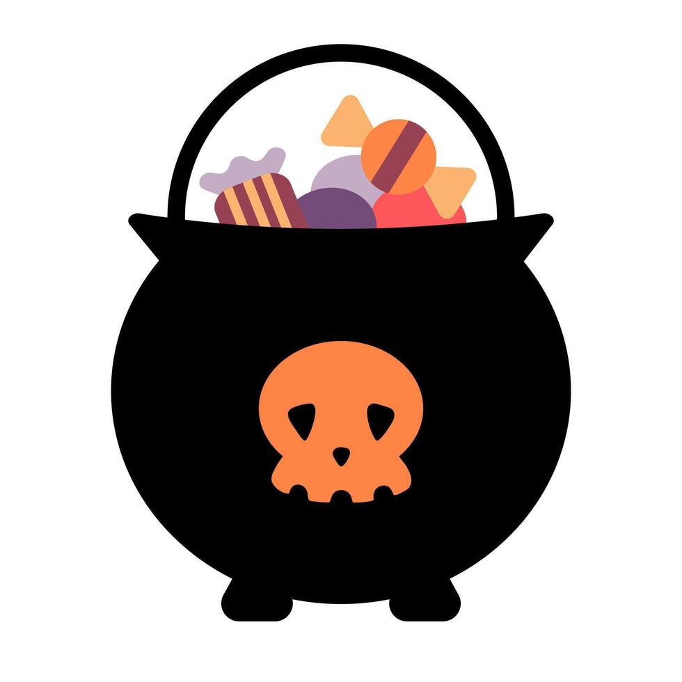Halloween cartoon basket cauldron with candies. Trick or treat bag with sweets cute illustration in flat style. Isolated on white background. vector