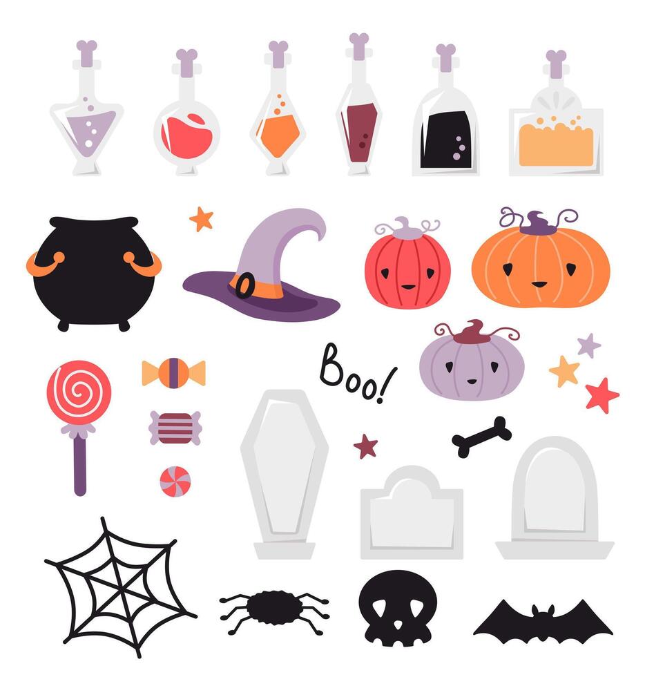 Halloween design elements set. Cute cartoon pumpkins, potions, graves, sweets. Witchcraft. Black silhouettes of spider and web, bat. Isolated on white. vector