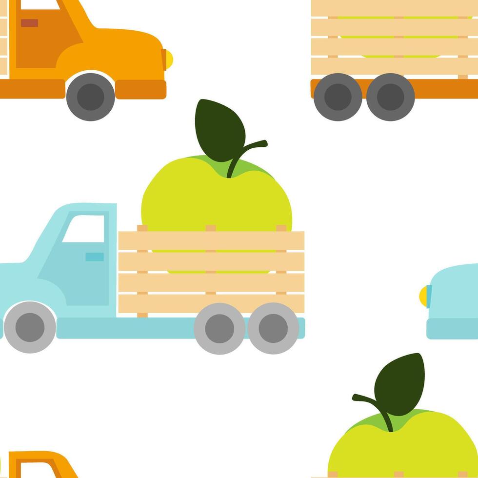 Seamless pattern with blue and orange trucks with green apples. Fruit truck delivery vector