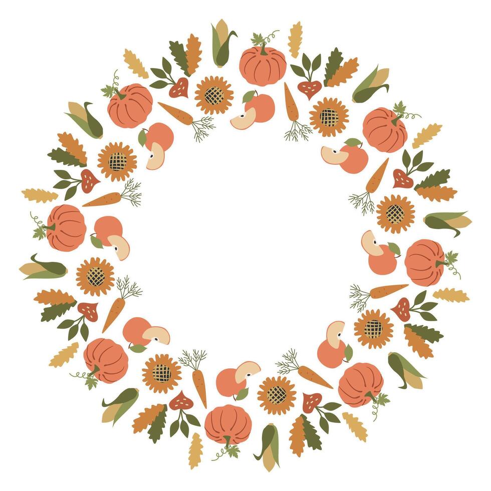 Autumn wreath with pumpkins, sunflowers, Carrot, Apple, Corn and Fall leaves isolated on white background. circle frame. Flat Round Greeting card design Illustration, Harvest festival template vector