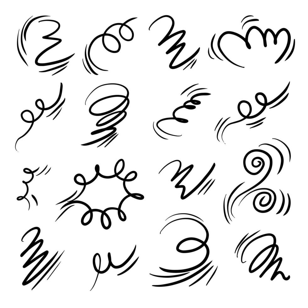 Doodle wind line sketch set. Hand drawn doodle wind movement, air blowing, vortex elements. Sketch of air blowing movement, abstract lines vector
