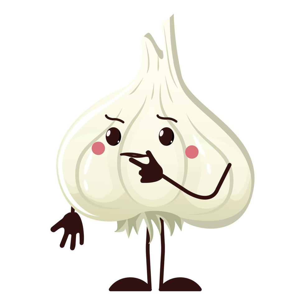 Thoughtful character, cartoon garlic with an emotional thinking face. illustration isolated element on white background. Design for food business or print vector