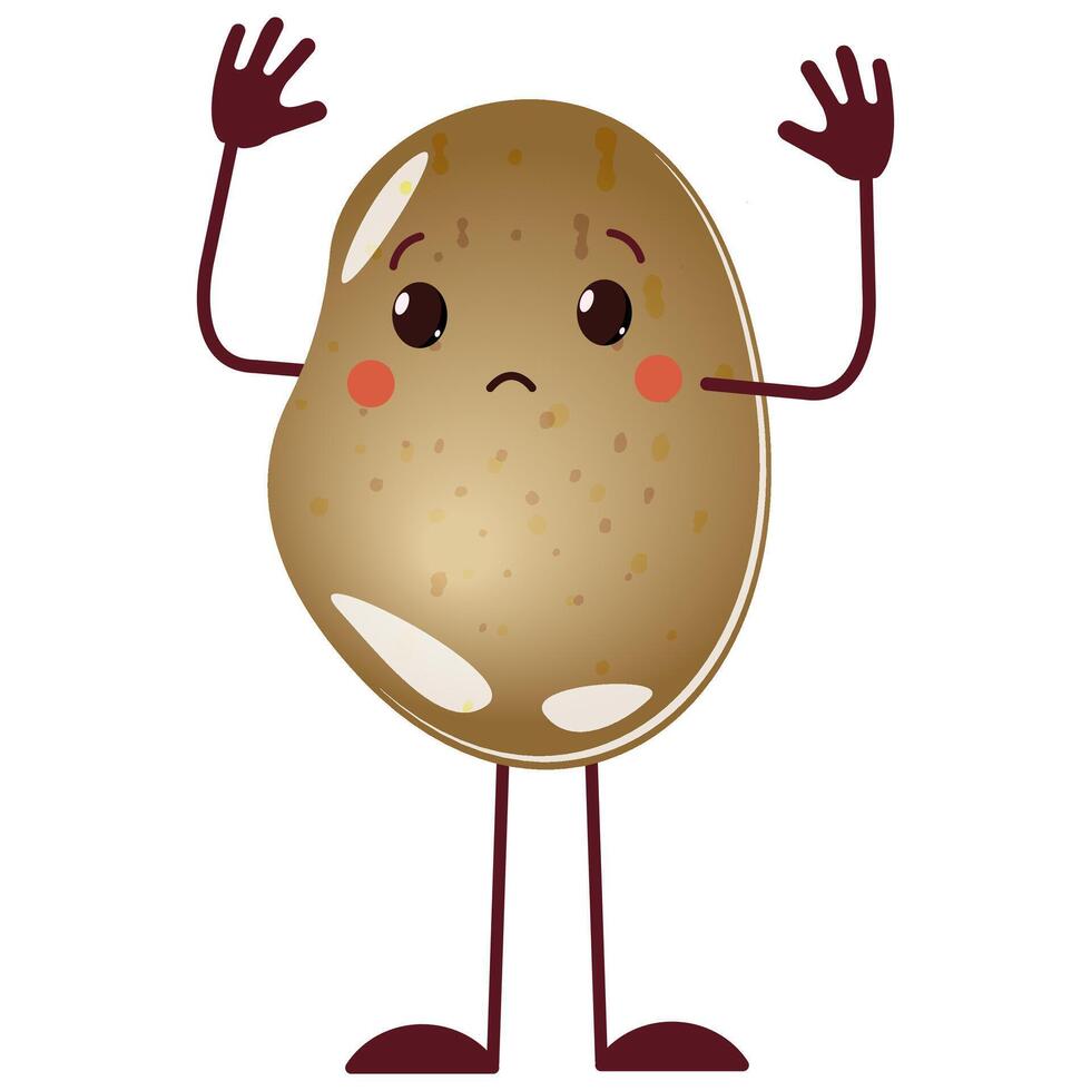 potato character cartoon with shocked gesture, hand up pose, cute face scared. vector