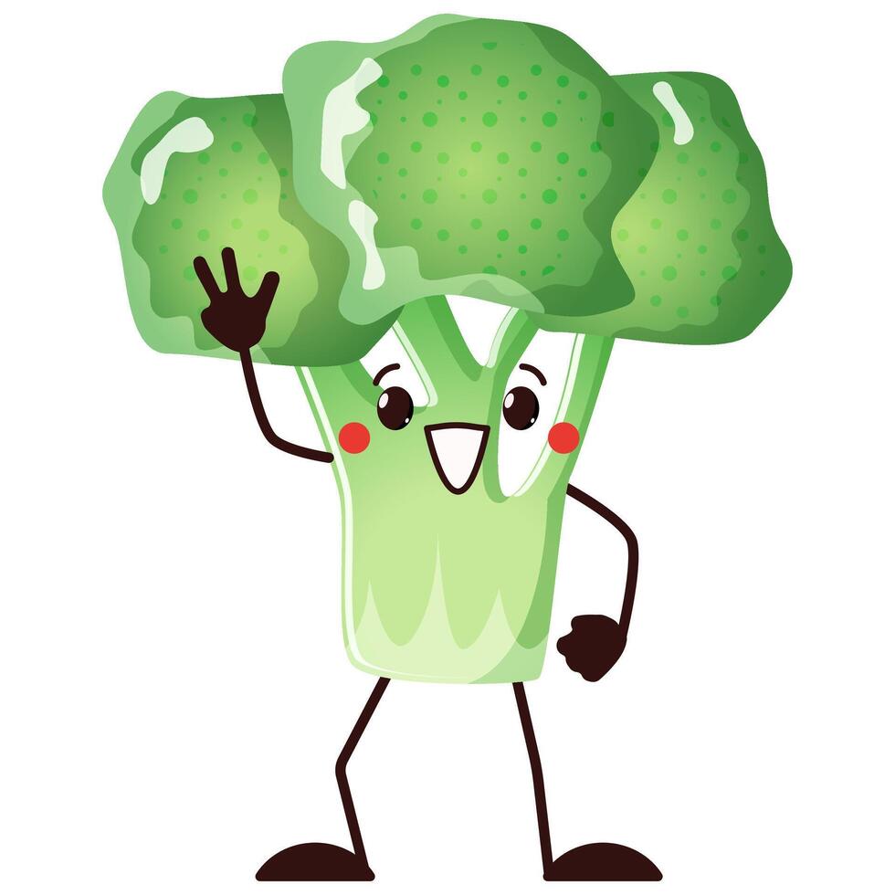 broccoli mascot character in kawaii style. Peace emoji happy and peaceful veggie. isolated on white vector