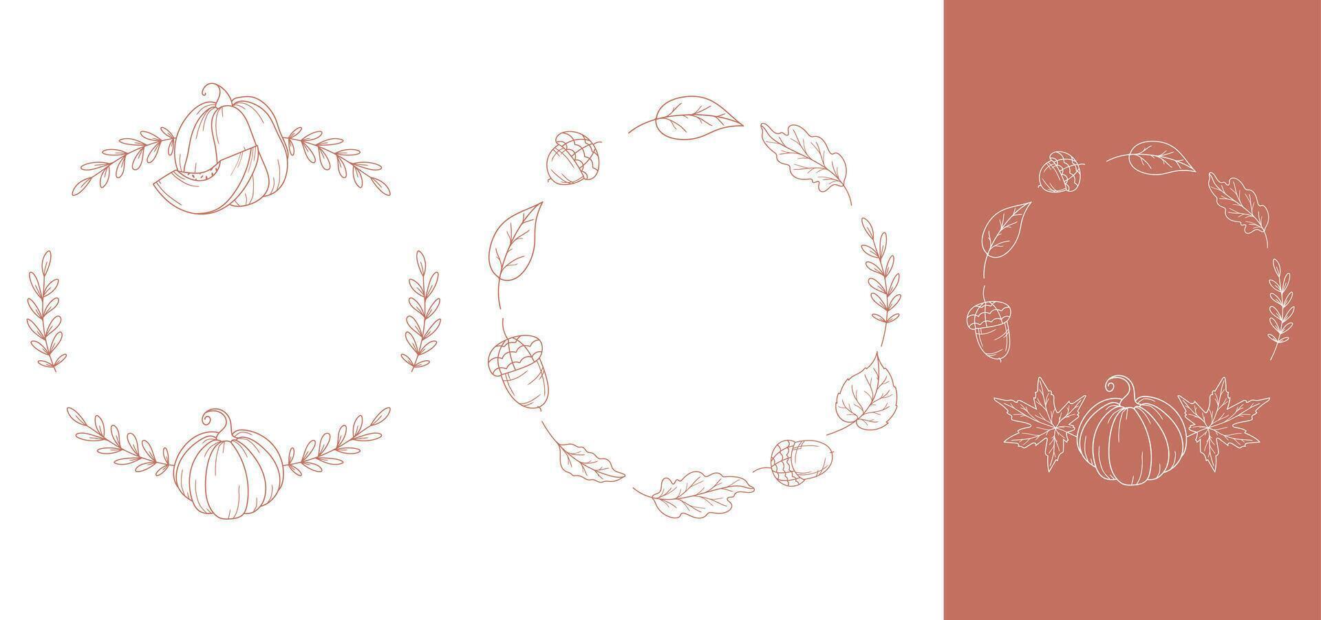 Fall Frames with acorns and leaves. Fall leaf outline isolated on white. Autumn leaves line art. Leaf Line Art Illustration Hand Drawn. Fall Coloring Page with Leaves. vector