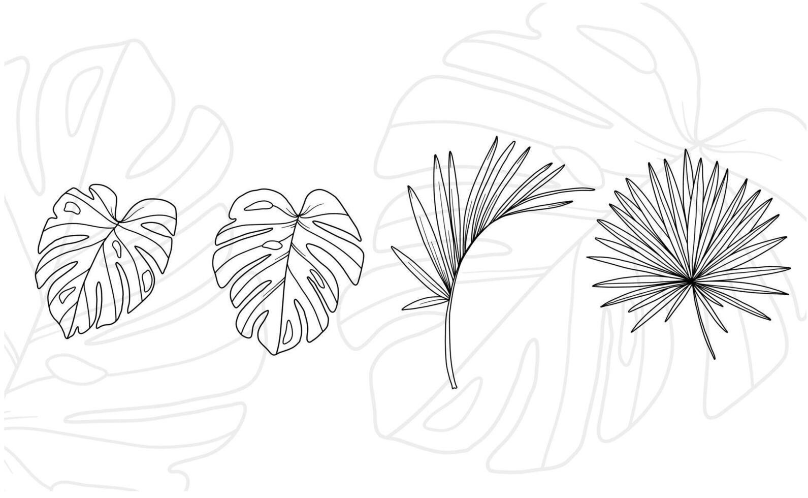 Tropical Leaves Outline. Palm Leaf Line Art Tropical Plants. Floral Line Art. Flower Coloring Page. Fine Line Tropical Greenery illustration. Hand Drawn flowers. Tropical Wedding invitation flowers vector