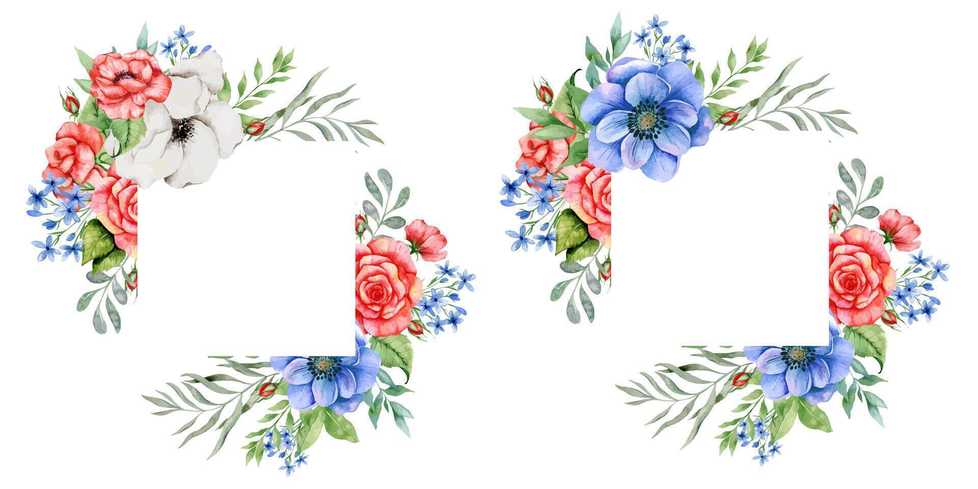 4th of July Patriotic Design. Patriotic Design. Red Blue and White Flower Frame Watercolor Illustration. Independence Day design element. Hand Painted Watercolor Botanical Illustration. vector