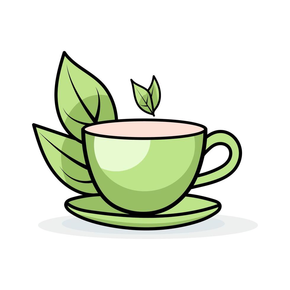 Cartoon Style Illustration Of Green Tea In An Elegant Teacup, Flat Icon Logo Design With A White Background vector
