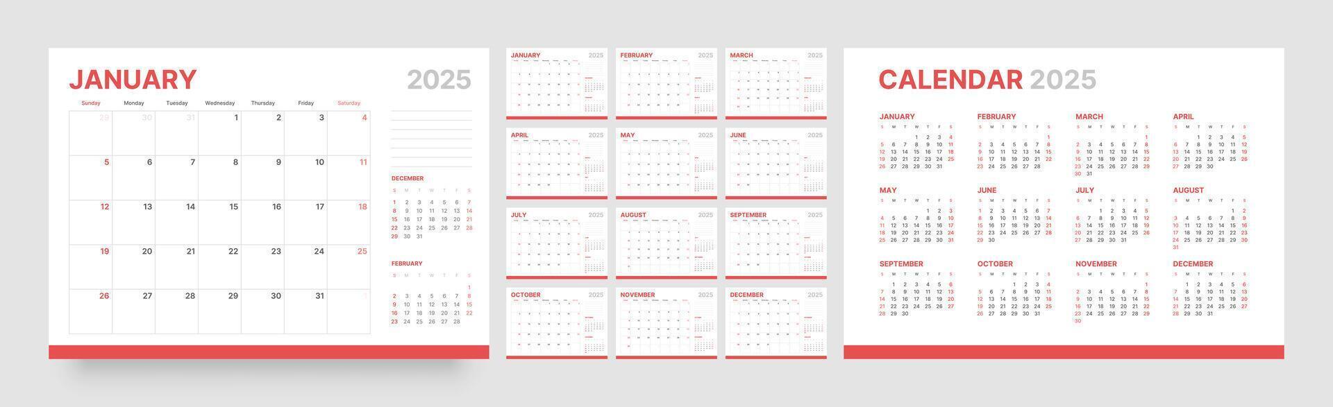 Monthly calendar template for 2025 year. Wall calendar in a minimalist style. Week Starts on Sunday. vector