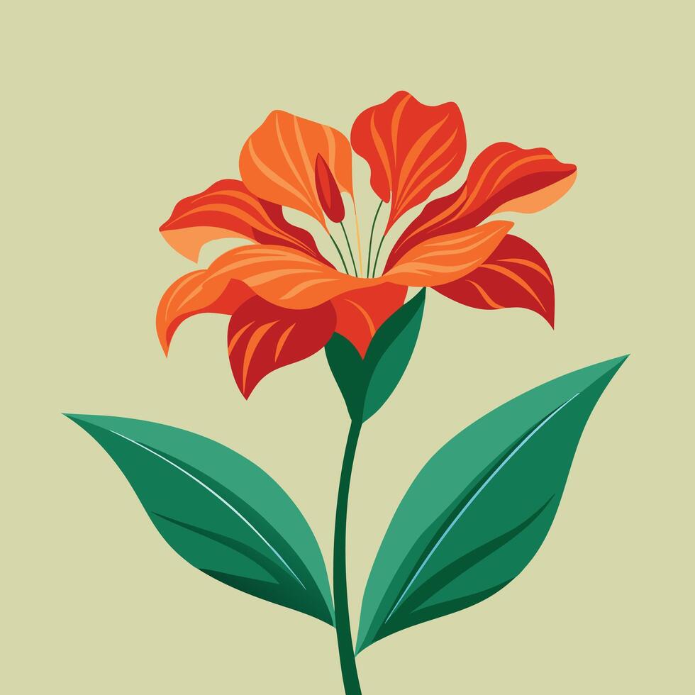 An orange flower with green leaves on a beige background vector