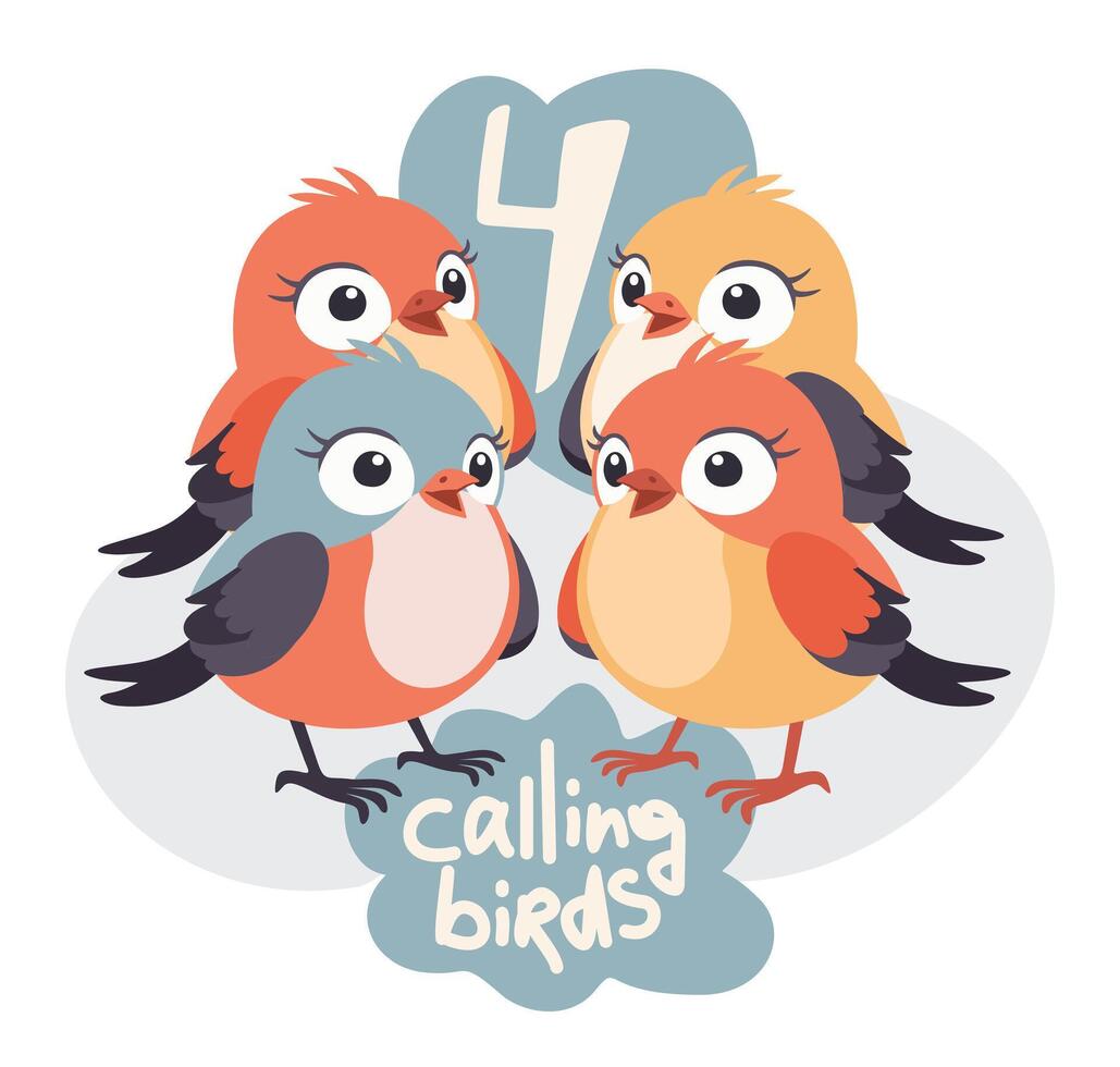 Four calling birds. The twelve days of Christmas. English Christmas carol. Fourth day. isolated illustration vector