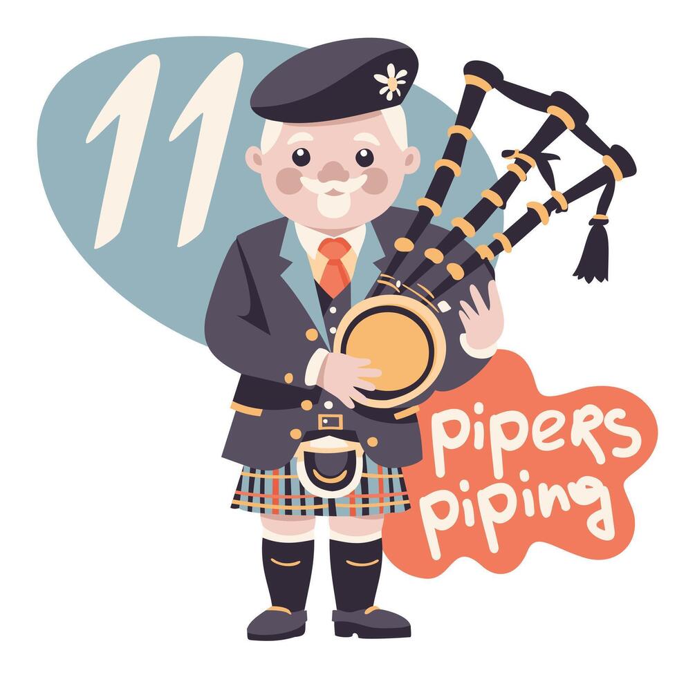 Eleven pipers piping. The twelve days of Christmas. English Christmas carol. Fourth day. isolated illustration vector