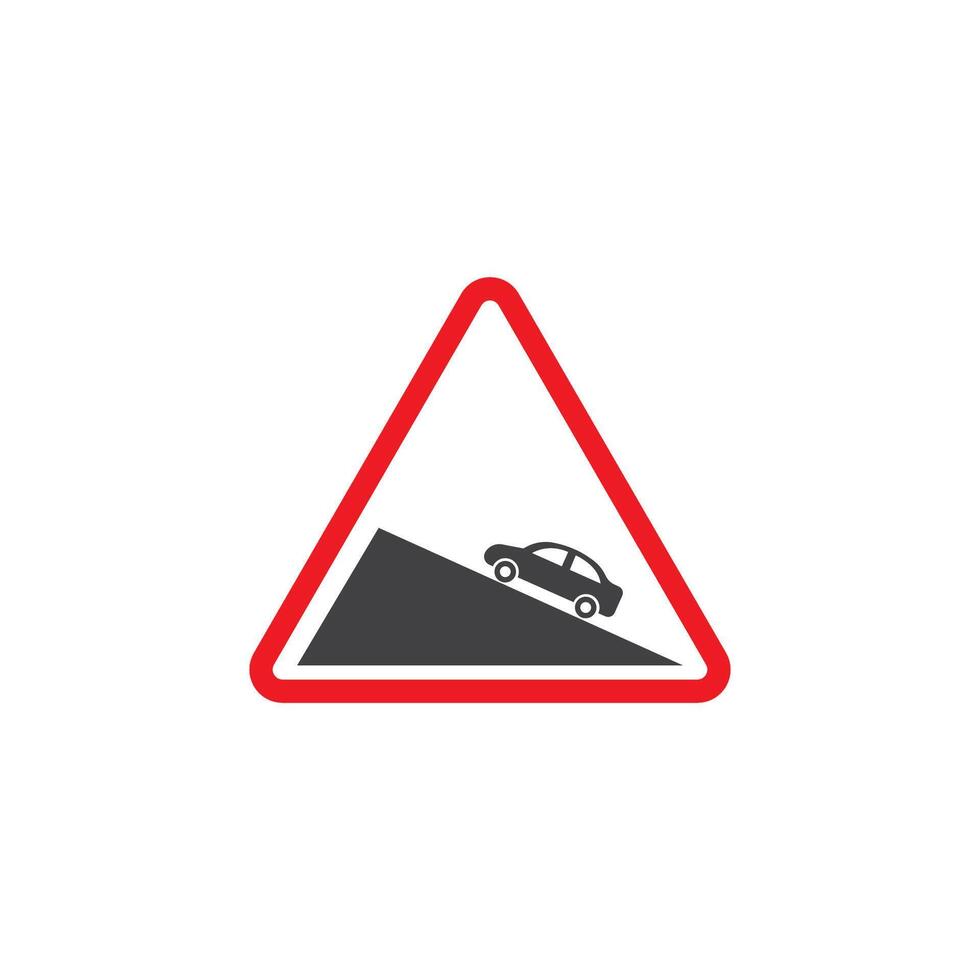 A red triangle sign with a car on a hill vector