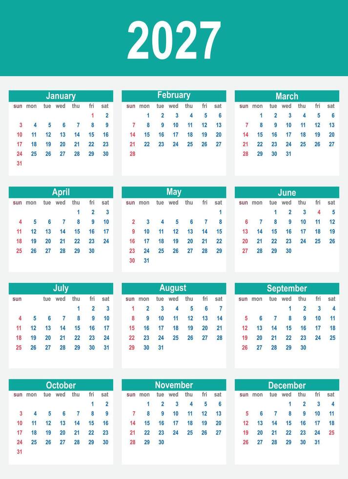 2027 Calendar. Week start on Sunday. calendar 2027 design, simple and clean design, Wall calendar for print, digital calendar, Corporate design planner template . vector